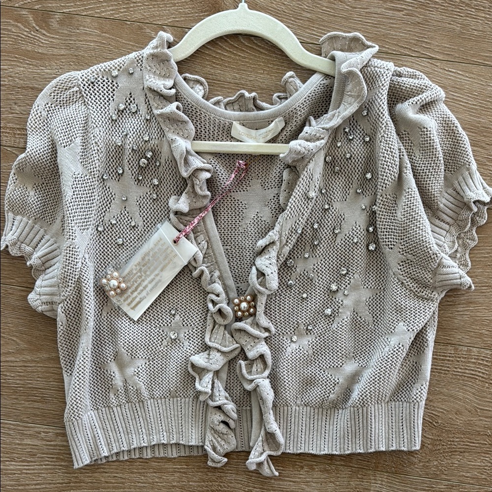LoveShackFancy Pearl Embellished Ruffle Cardigan